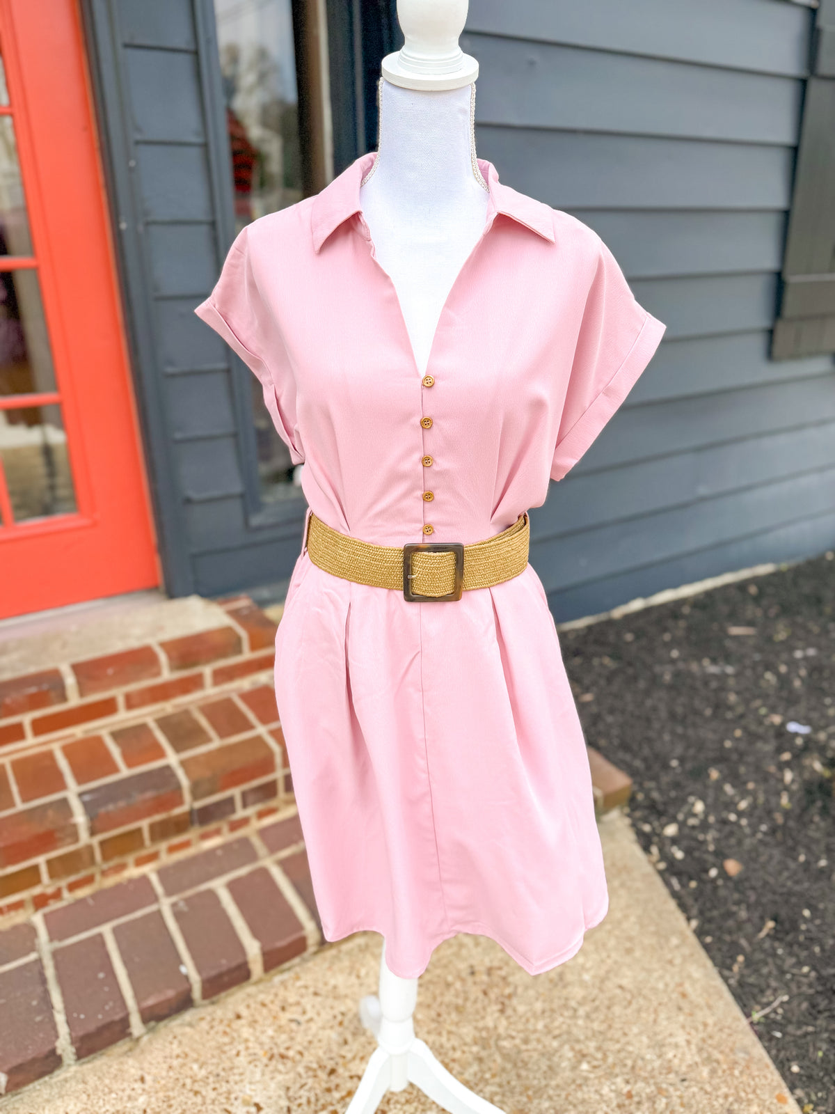 Solid Collared Button Up Short Sleeve Mini Dress - Pink