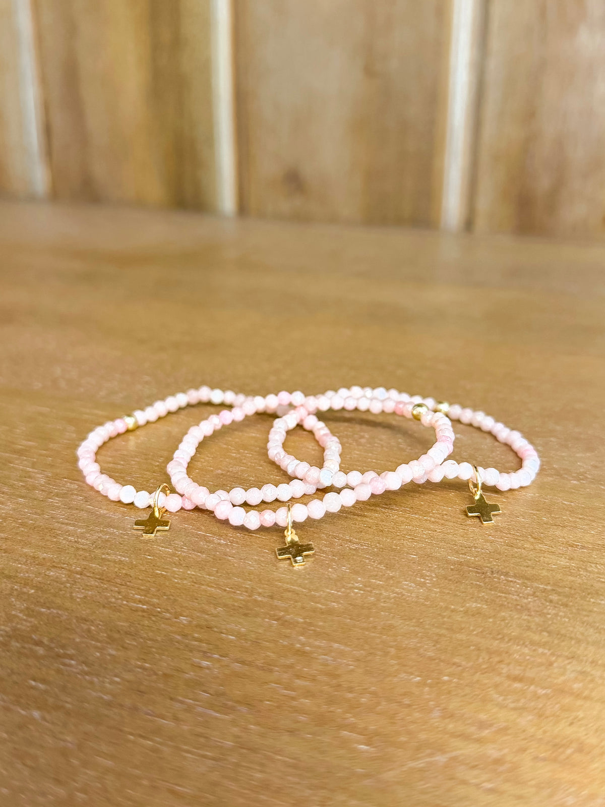 Classic Pink Opal 3mm Bracelet - Signature Cross Gold Charm