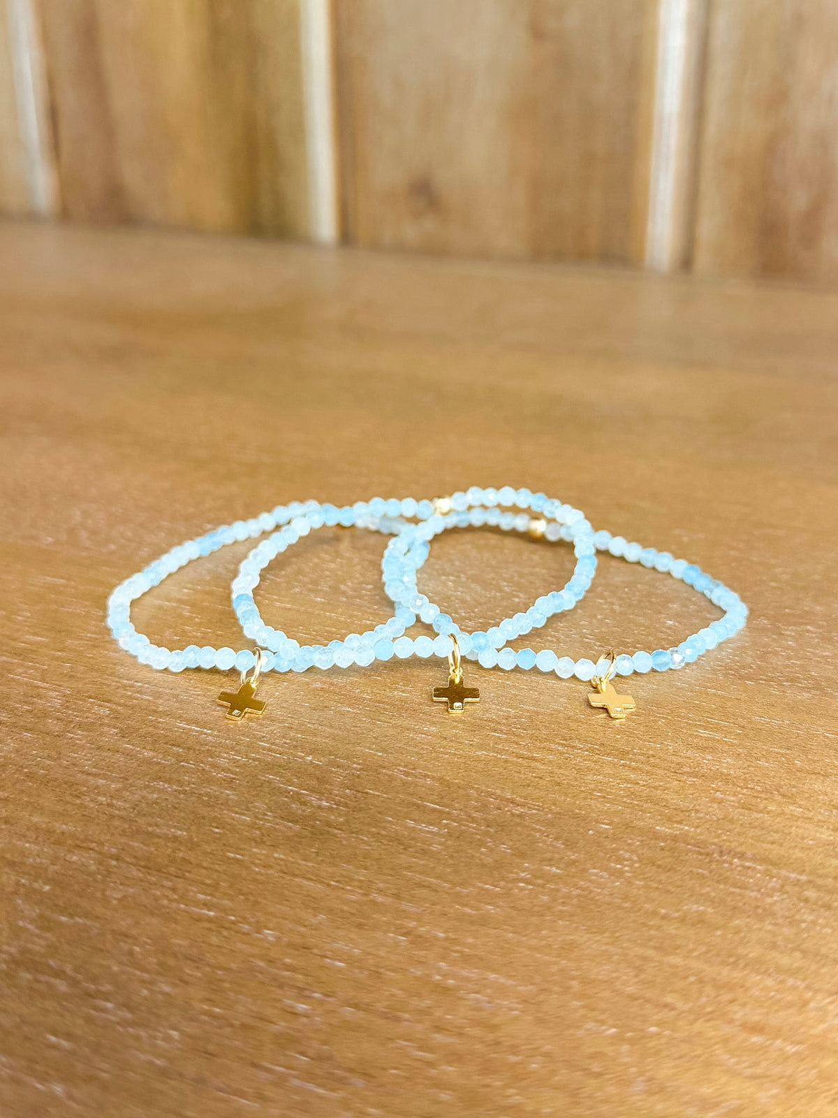 Classic Aquamarine 3mm Bracelet - Signature Cross Gold Charm