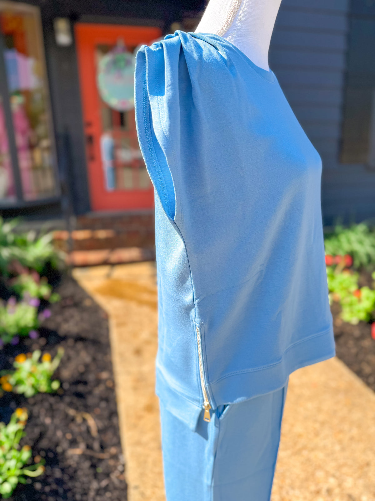 DreamTech Pleated Shoulder Tank with Cropped Pant - Sky Blue