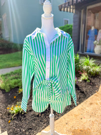 Green and White Coastal Striped Button Down Blouse