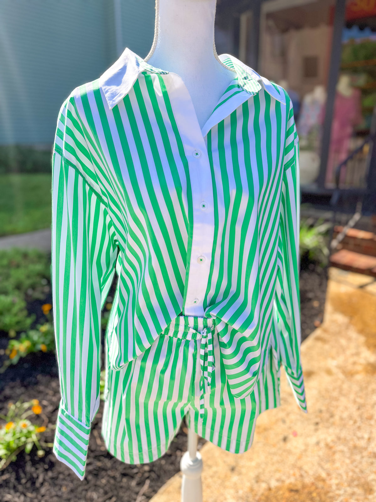 Green and White Coastal Striped Button Down Blouse