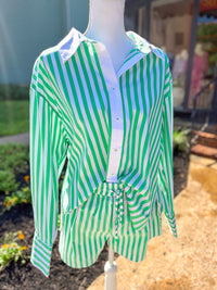 Green and White Coastal Striped Button Down Blouse