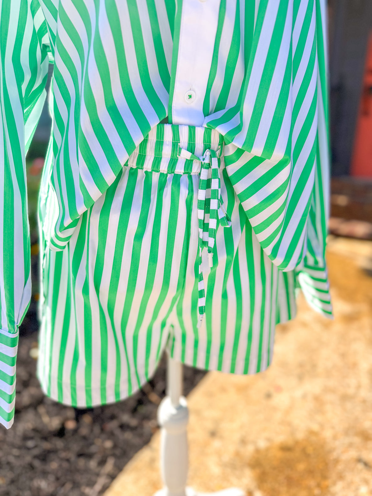 Green and White Coastal Striped Drawstring Short