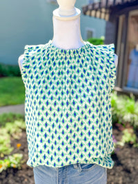 High Ruffle Neck Printed Woven Top - Green