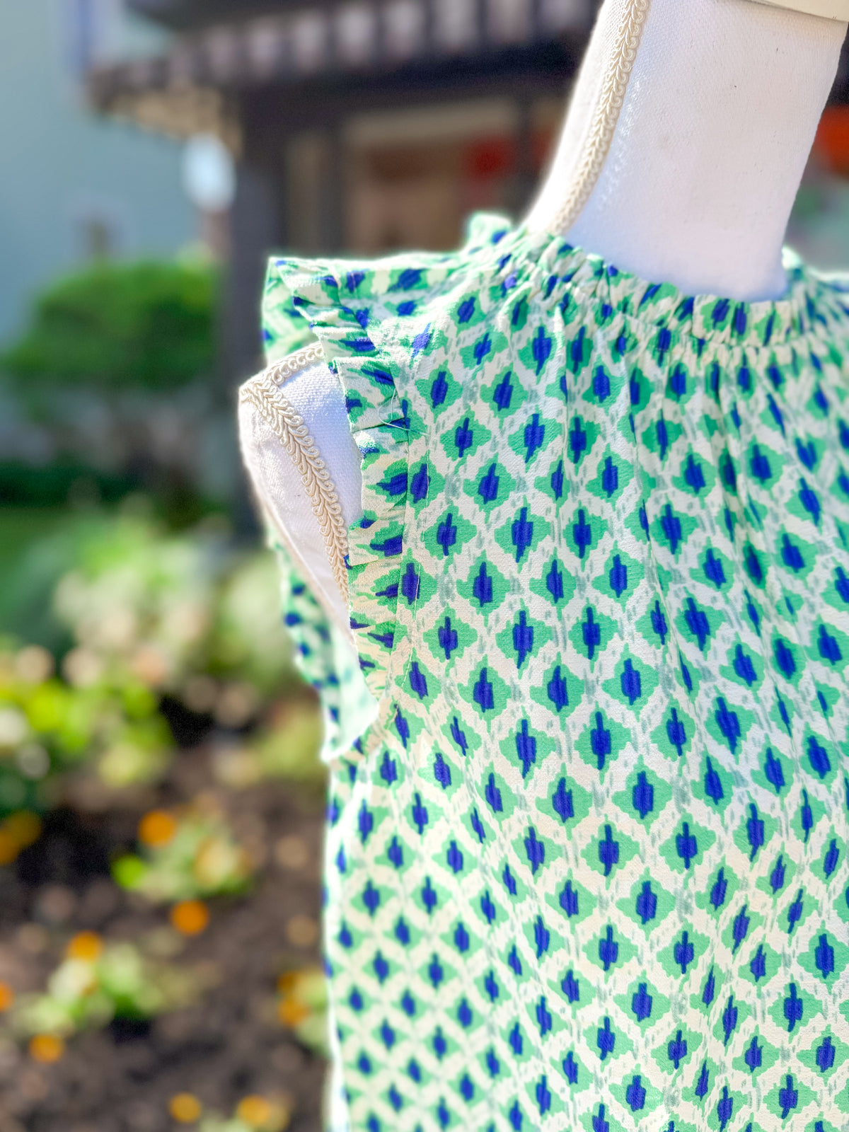 High Ruffle Neck Printed Woven Top - Green