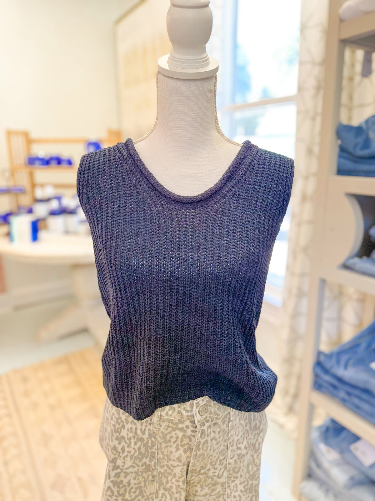 Open Stitch Sleeveless Knit Top - Navy