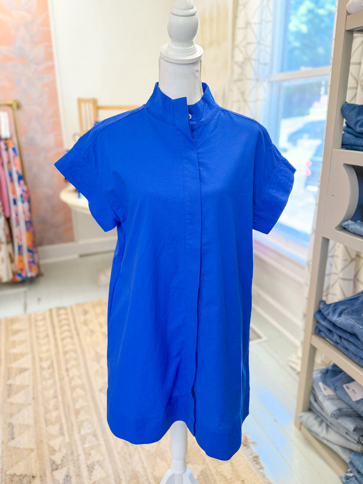 Royal Blue Collared Shirt Dress with Button Front