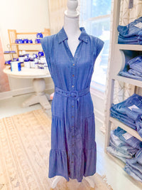 Chambray Shirt Collar Button Down Tiered Midi Dress with Buckle Belt