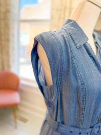 Chambray Shirt Collar Button Down Tiered Midi Dress with Buckle Belt