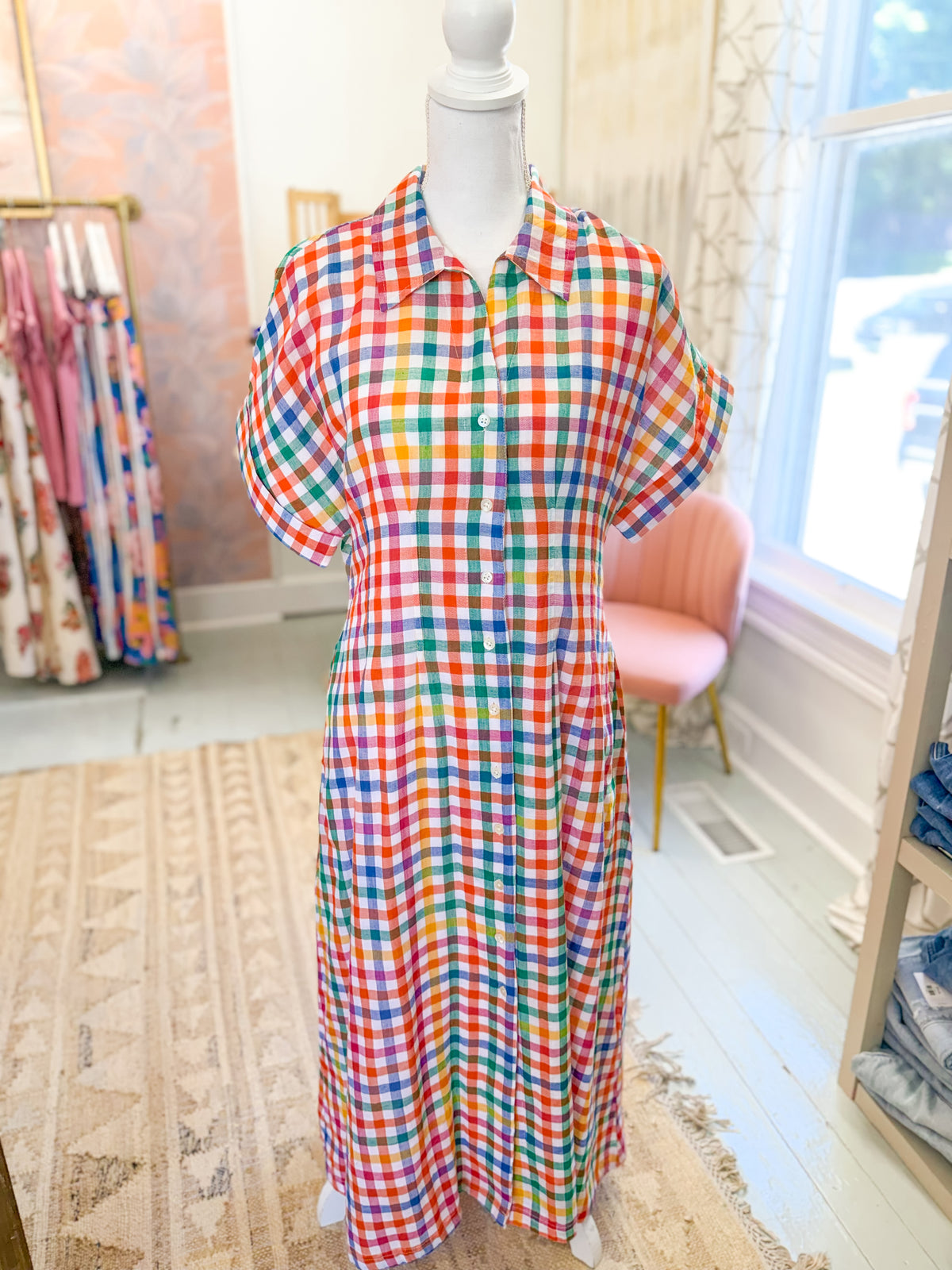 Short Sleeve Plaid Button Down Dress