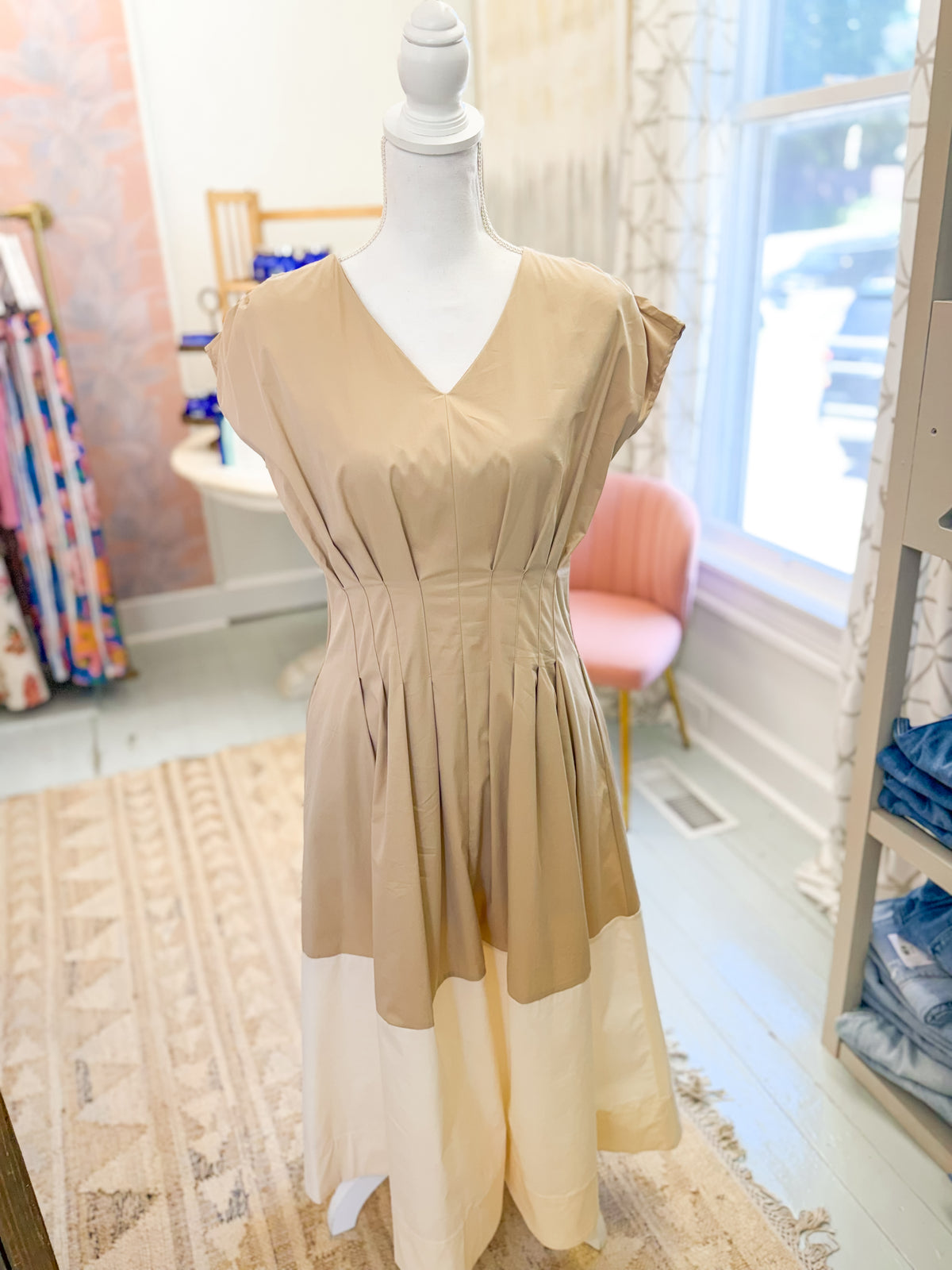 Tan and Cream Color Block Dress