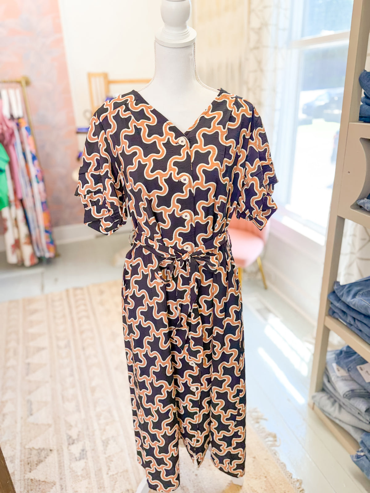 Abstract Print Midi Dress with Puff Sleeve