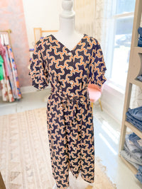 Abstract Print Midi Dress with Puff Sleeve