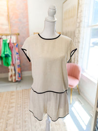 Short Sleeve Contrasting Detail Top - Oatmeal and Black Trim