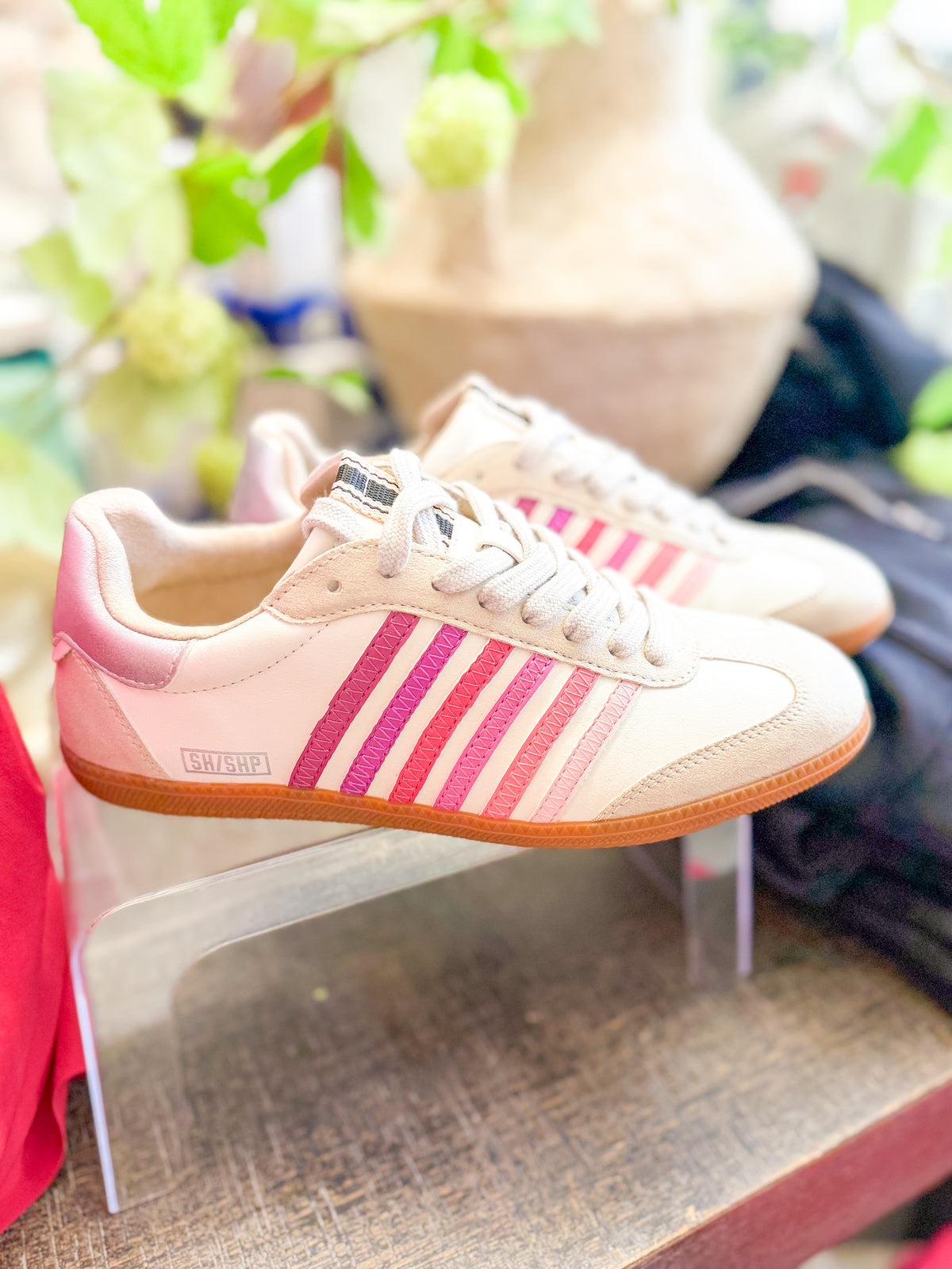The Stevie White Sneakers with Pink Stripes and Gum Soles