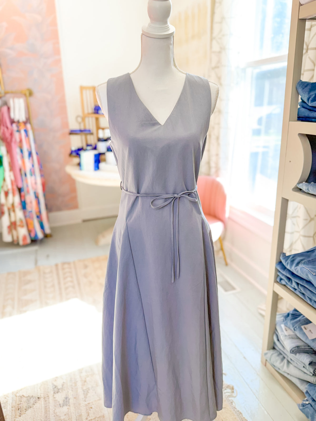 Modular Panel Midi Dress with Tie Waist - Stone