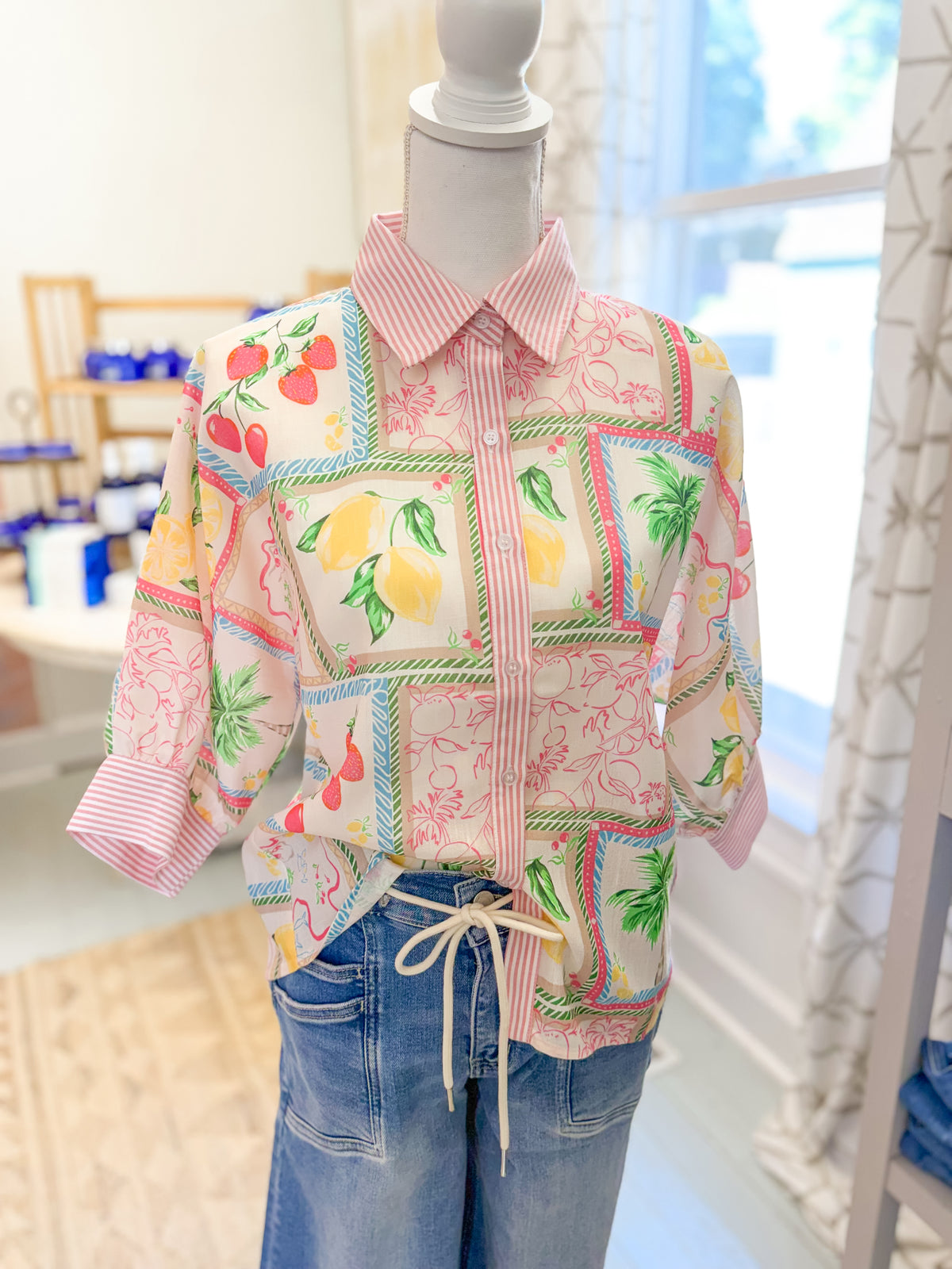 Tropical Patchwork Button Down Shirt with Fruit Print