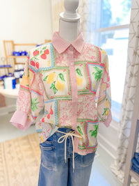 Tropical Patchwork Button Down Shirt with Fruit Print