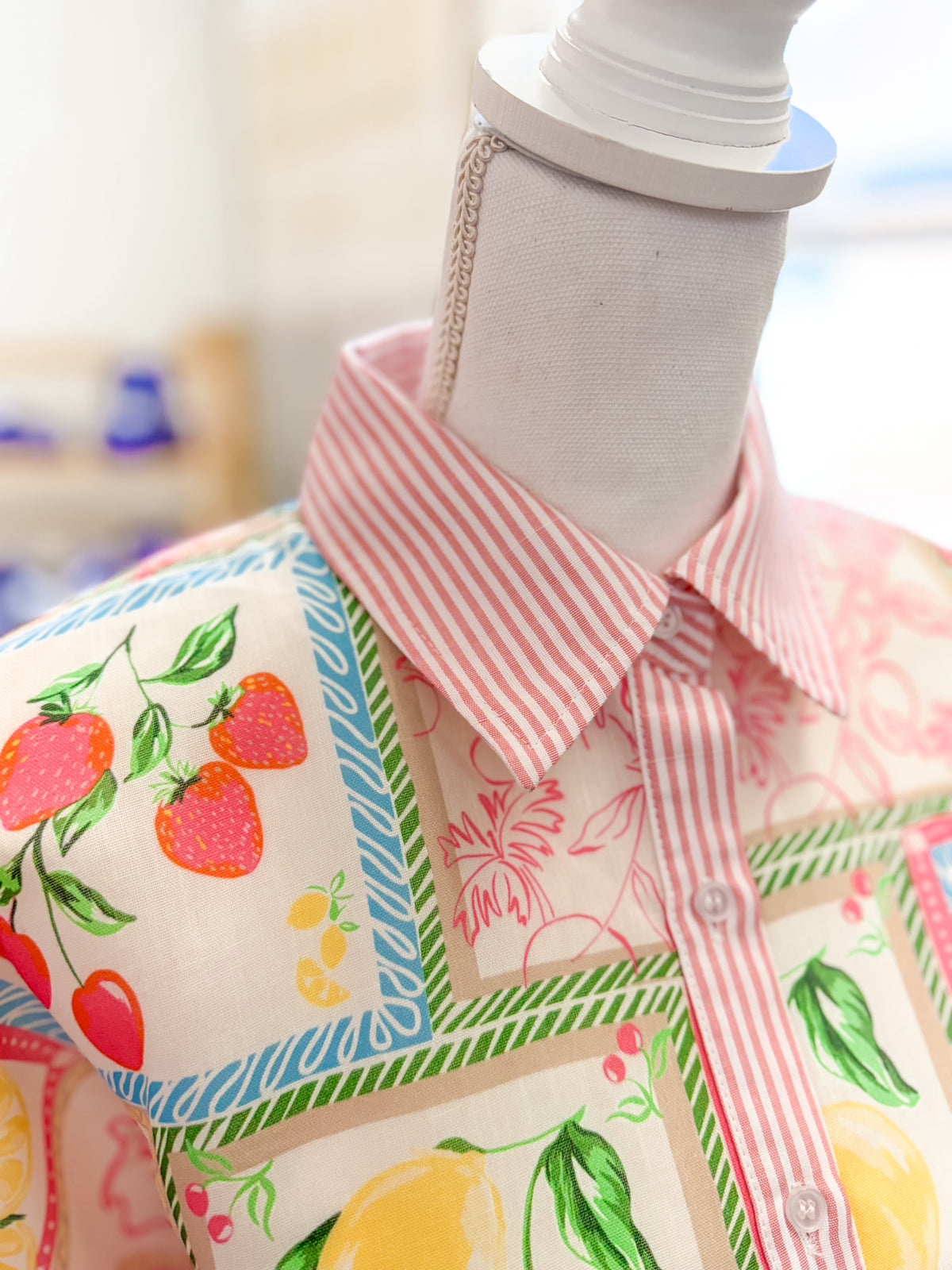Tropical Patchwork Button Down Shirt with Fruit Print