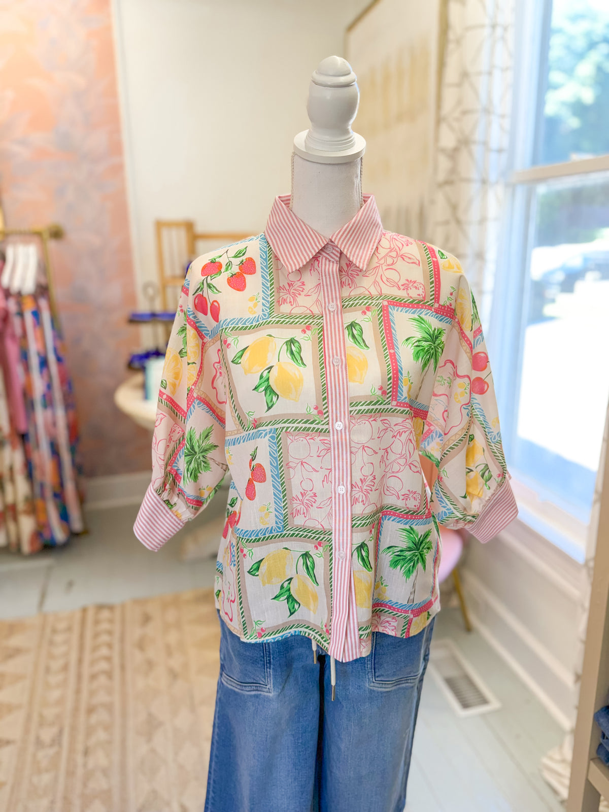Tropical Patchwork Button Down Shirt with Fruit Print