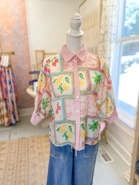 Tropical Patchwork Button Down Shirt with Fruit Print