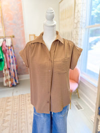Drop Shoulder Button Up Shirt - Camel