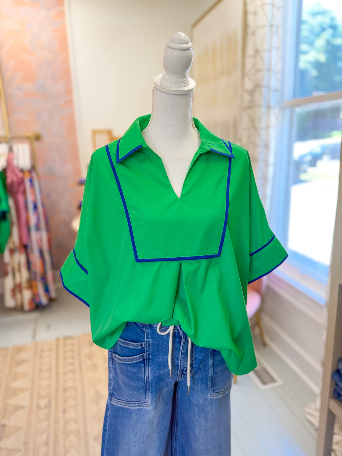 Green Collared Shirt with Blue Detail