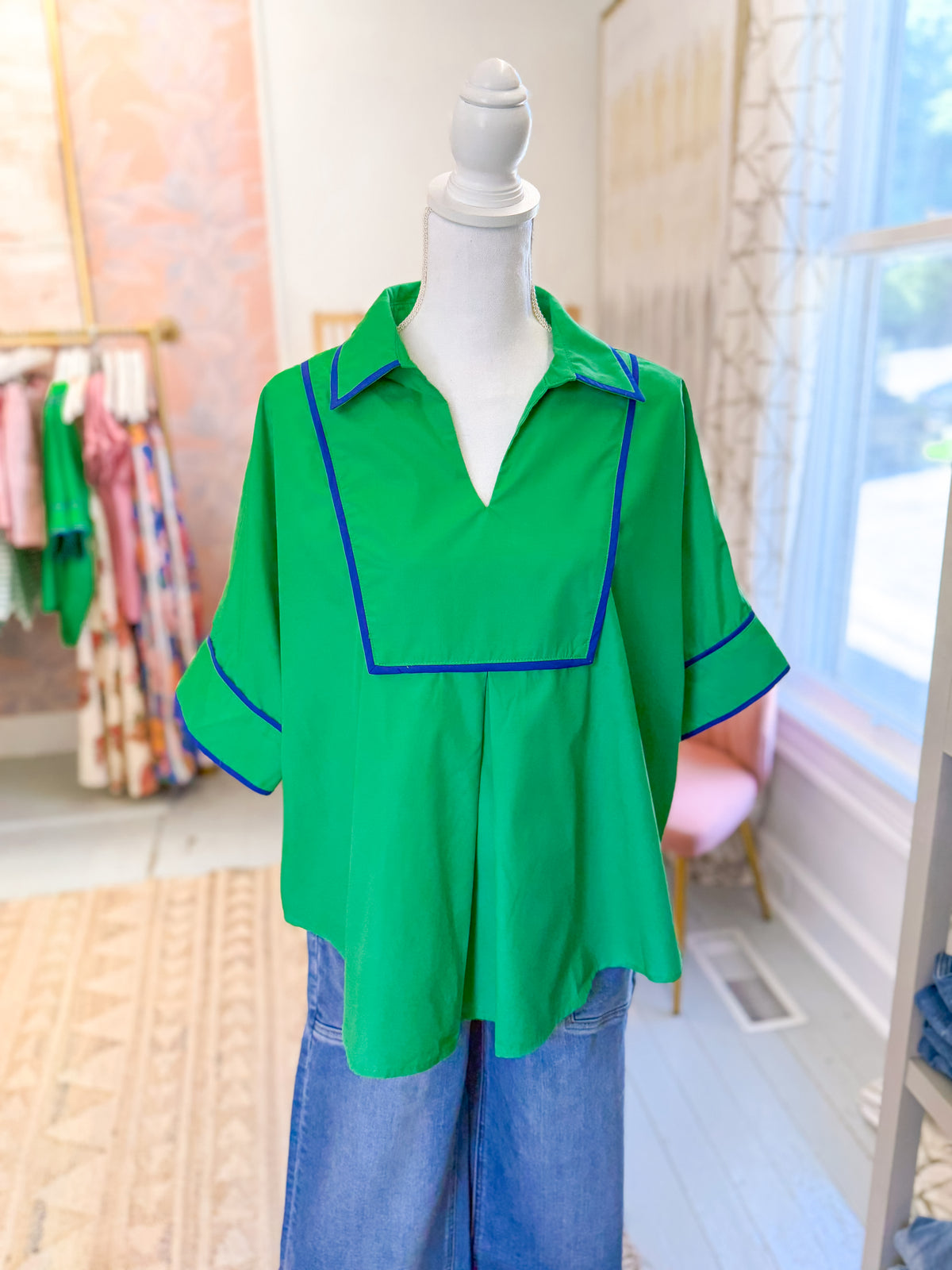 Green Collared Shirt with Blue Detail