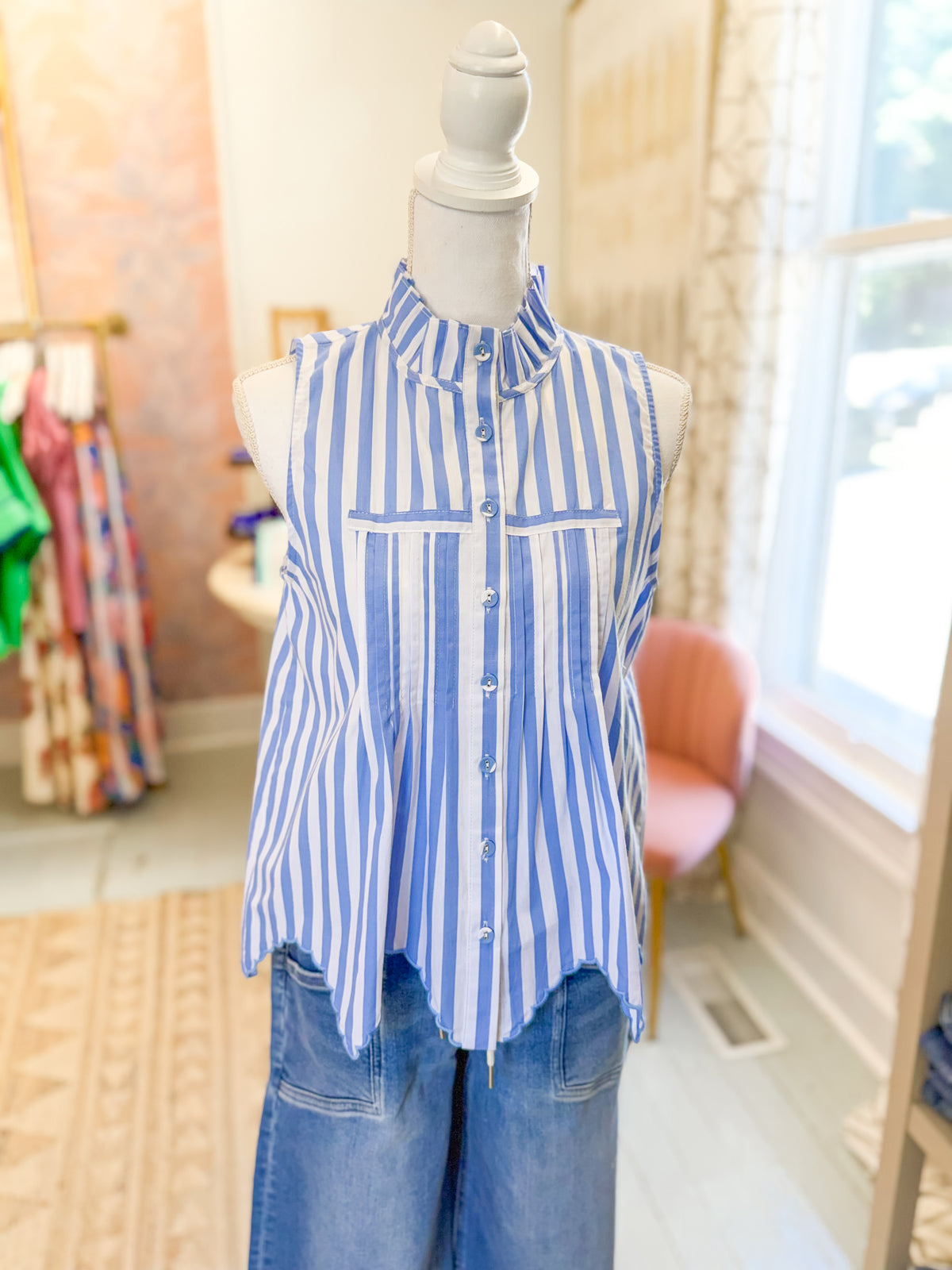 Blue and White Striped Sleeveless Blouse with Ruffle Neckline and Pintuck Detail