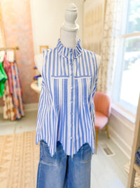 Blue and White Striped Sleeveless Blouse with Ruffle Neckline and Pintuck Detail