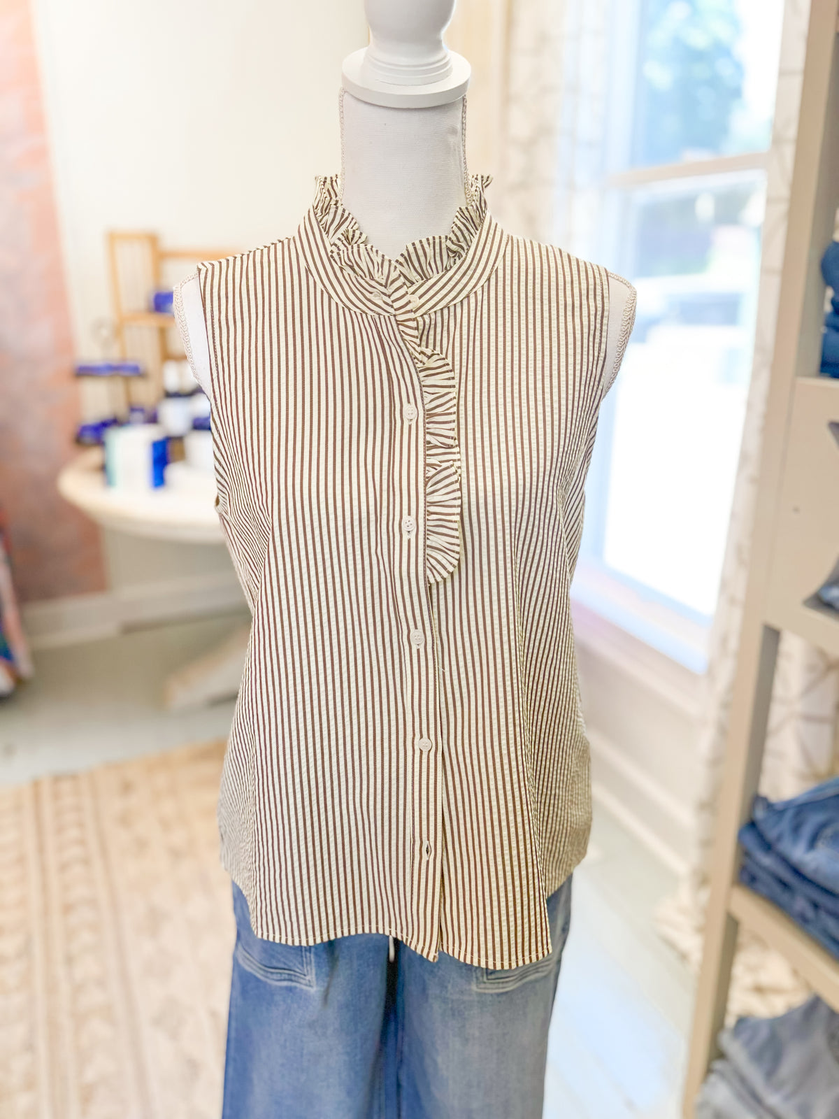 Ruffled Neck Sleeveless Shirt - Taupe