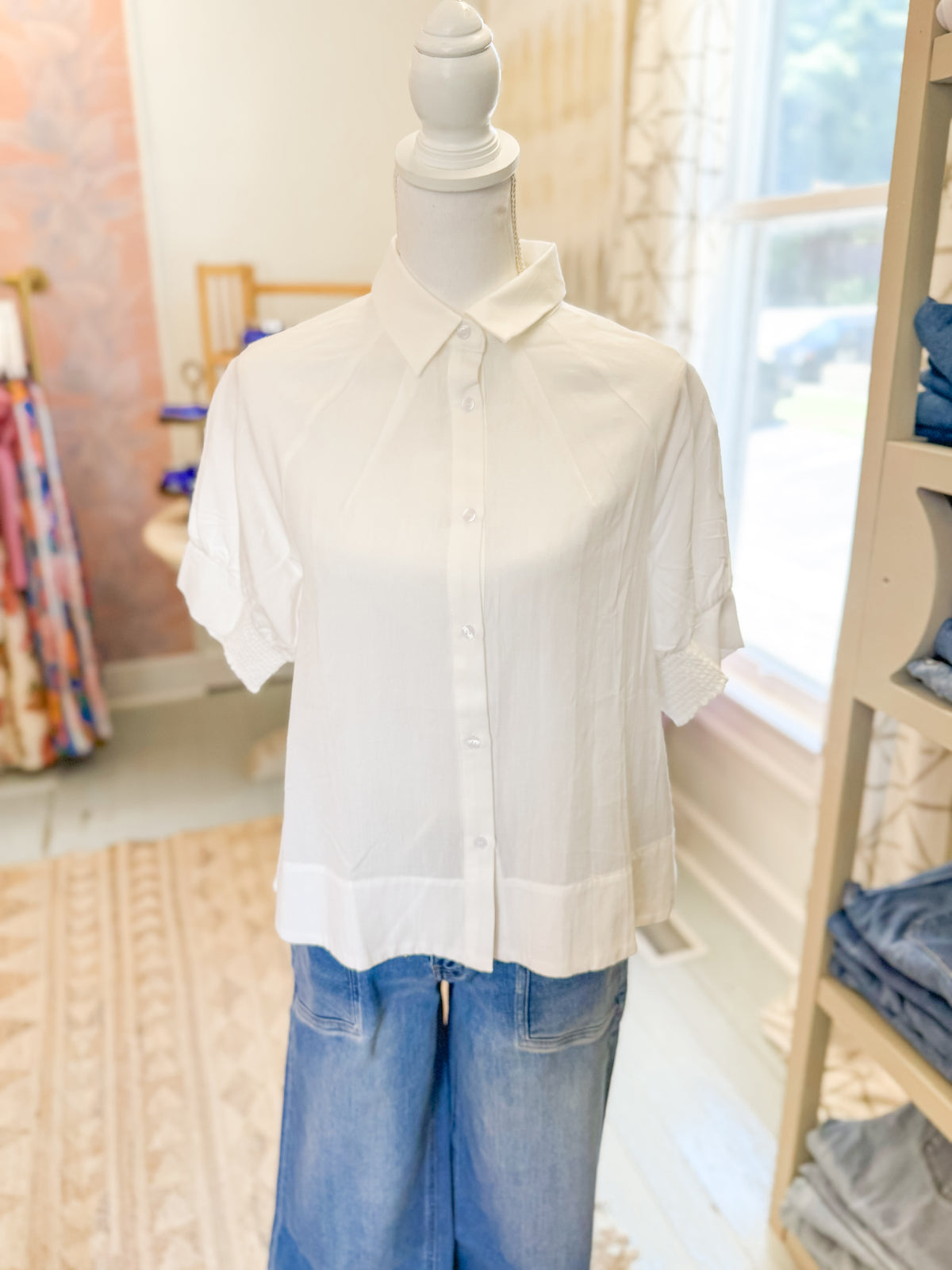 Raglan Sleeve Button Down Top - White