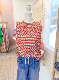 High Ruffle Neck Printed Woven Top - Burgundy