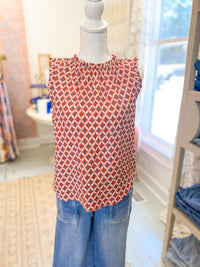 High Ruffle Neck Printed Woven Top - Burgundy