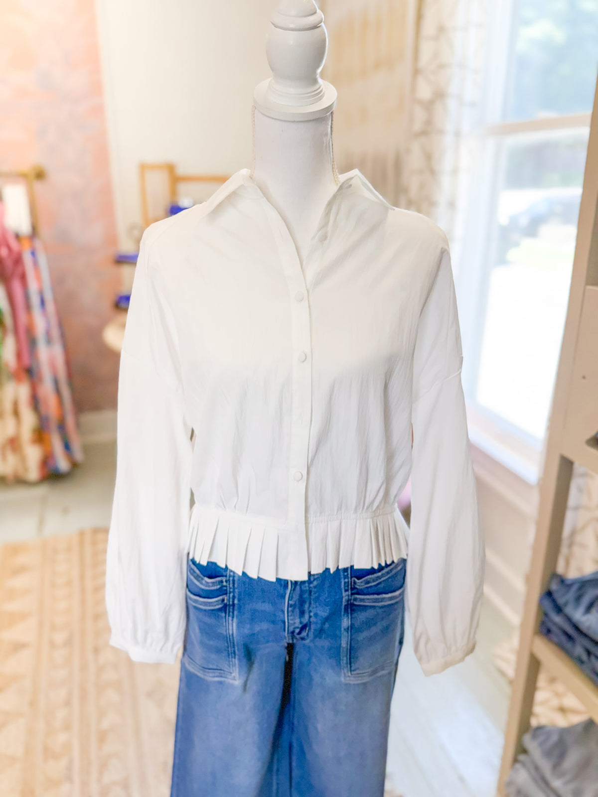 Pleated Hem Raglan Shirt - White