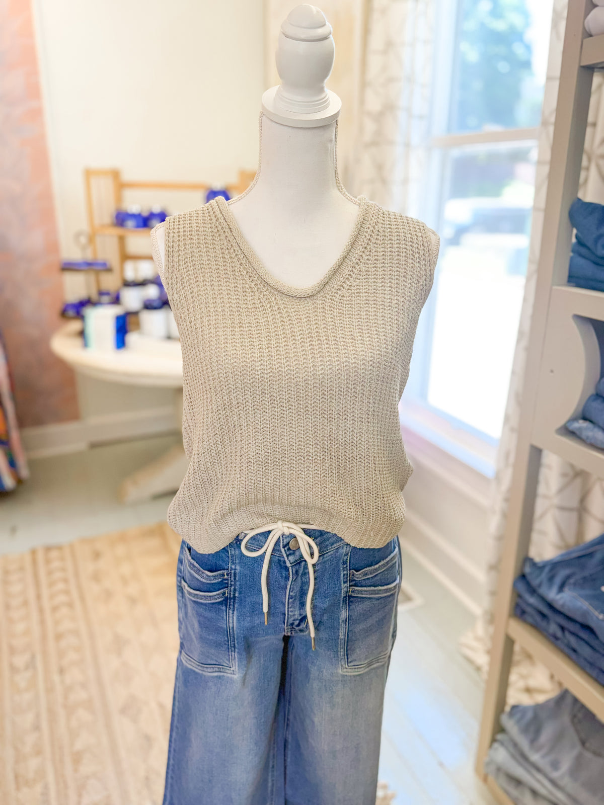 Open Stitch Sleeveless Knit Top - Beige