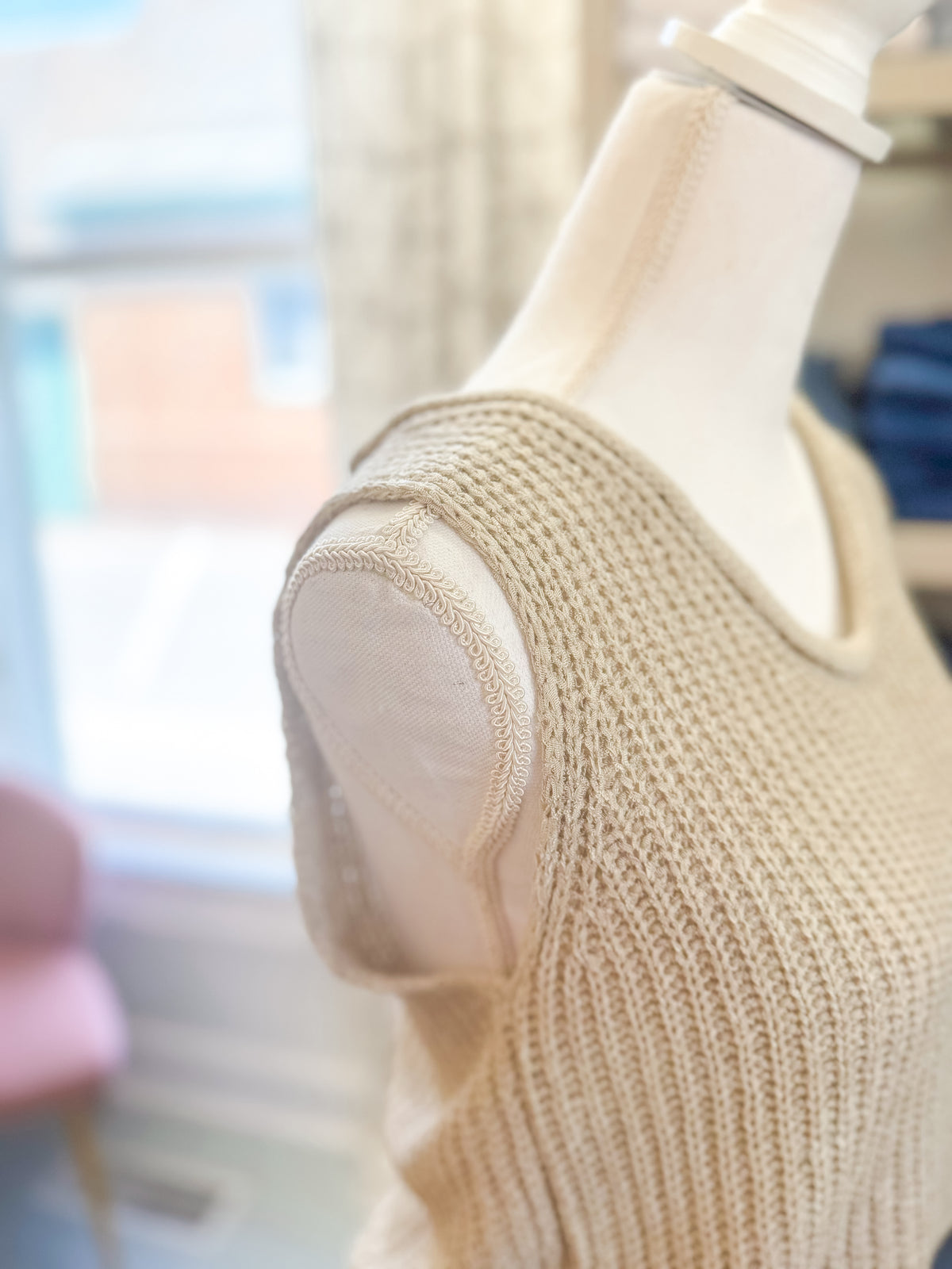 Open Stitch Sleeveless Knit Top - Beige