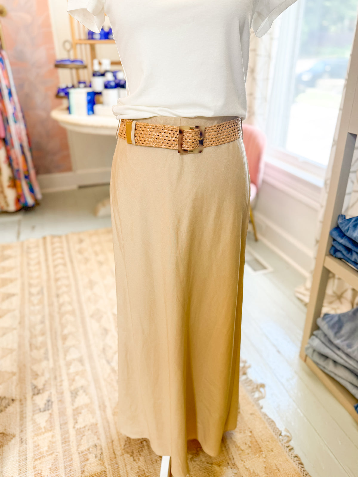 H-Line Midi Skirt with Raffia Belt