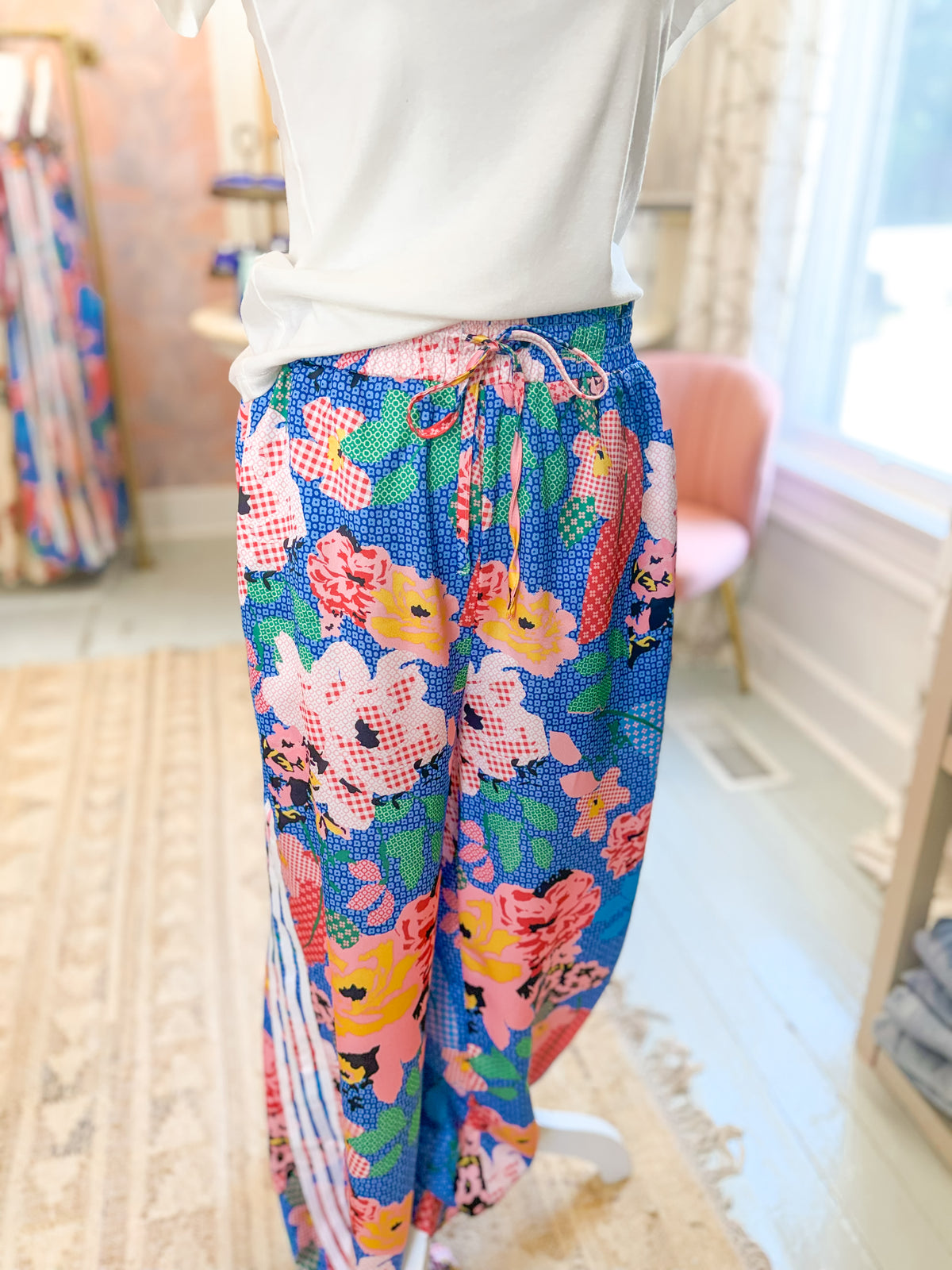 Blue Floral Patchwork Wide Leg Pant with Stripe Detail
