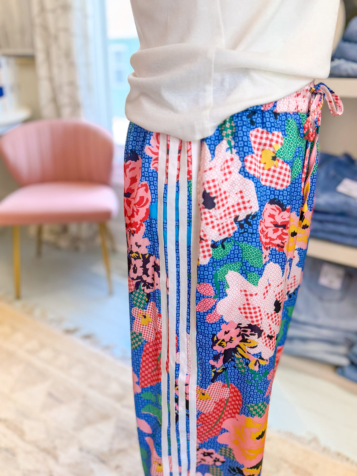 Blue Floral Patchwork Wide Leg Pant with Stripe Detail