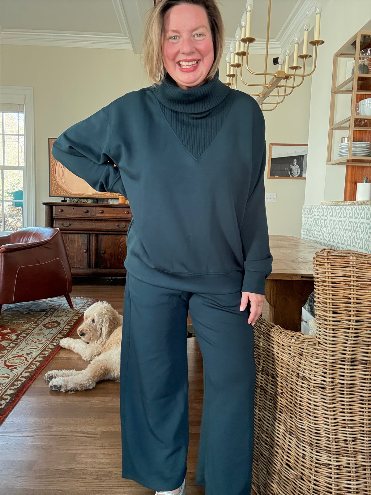 Turtleneck Pullover and Pant Set - Teal Navy