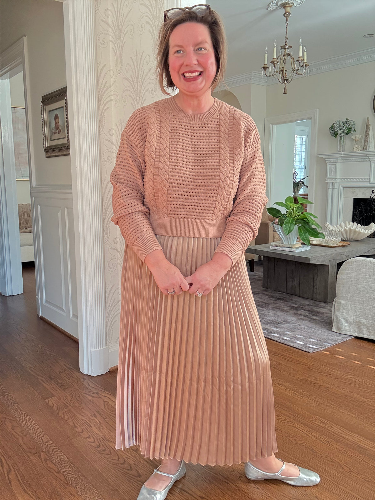 Long Sleeve Pullover Sweater and Pleated Skirt - Tan