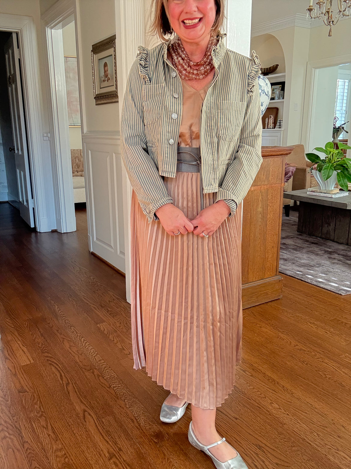 Long Sleeve Pullover Sweater and Pleated Skirt - Tan