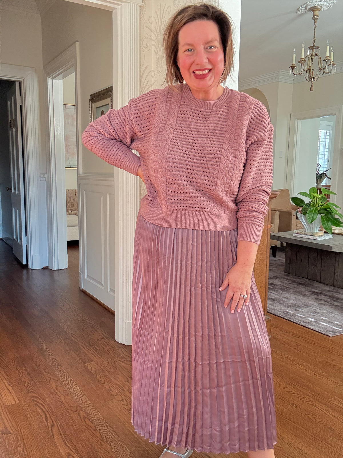 Long Sleeve Pullover Sweater and Pleated Skirt - Ash Rose