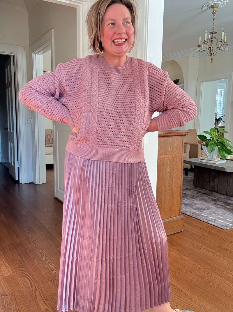 Long Sleeve Pullover Sweater and Pleated Skirt - Ash Rose