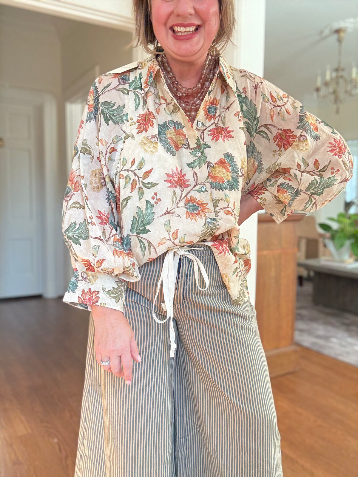 Boho Ecru Floral Button Down Blouse