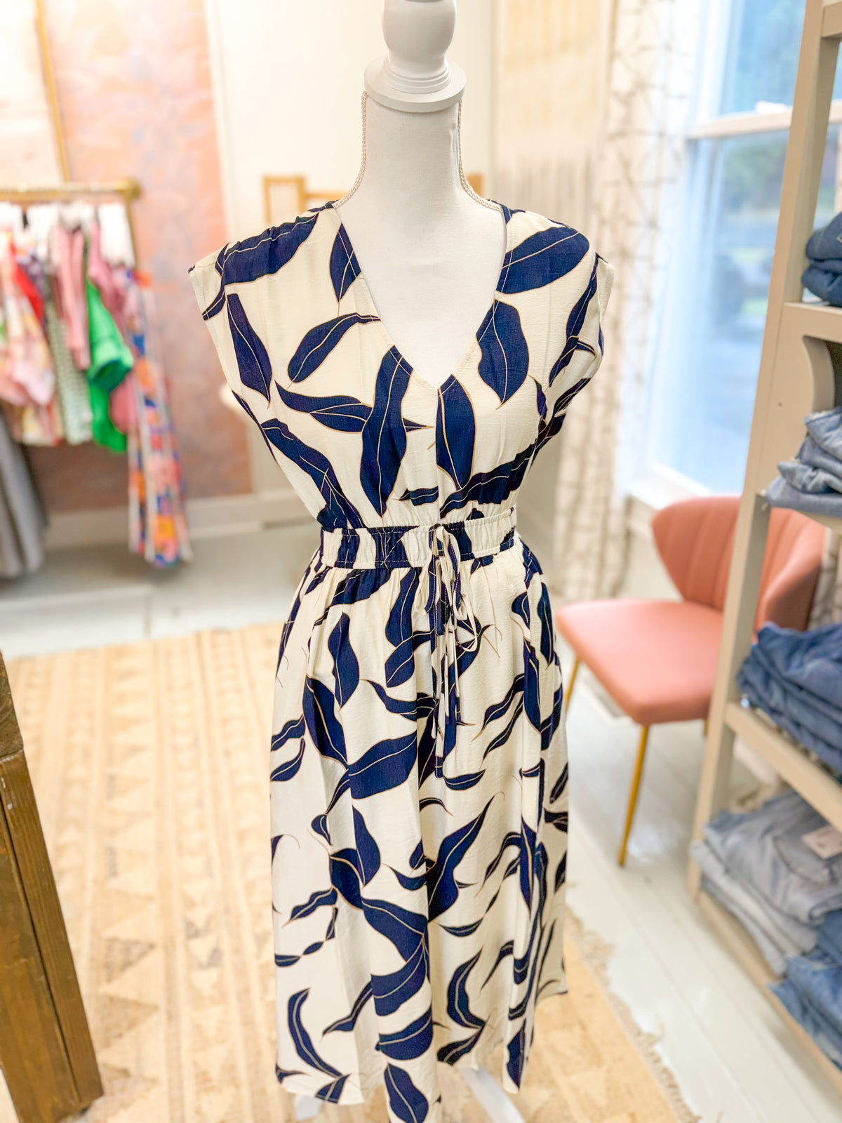 Navy Leaf Print V-Neck Elastic Waist Dress