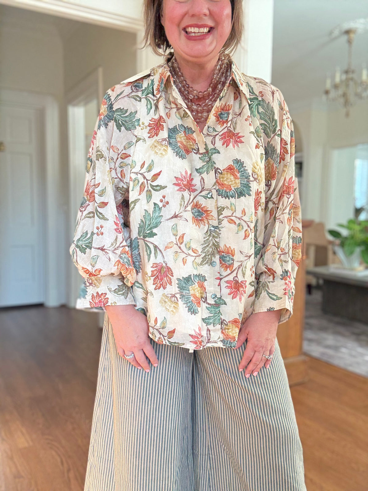 Boho Ecru Floral Button Down Blouse