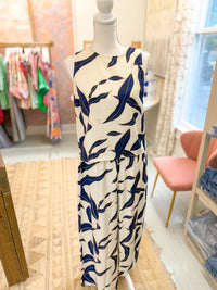 Navy Leaf Print Elastic Waist Pant